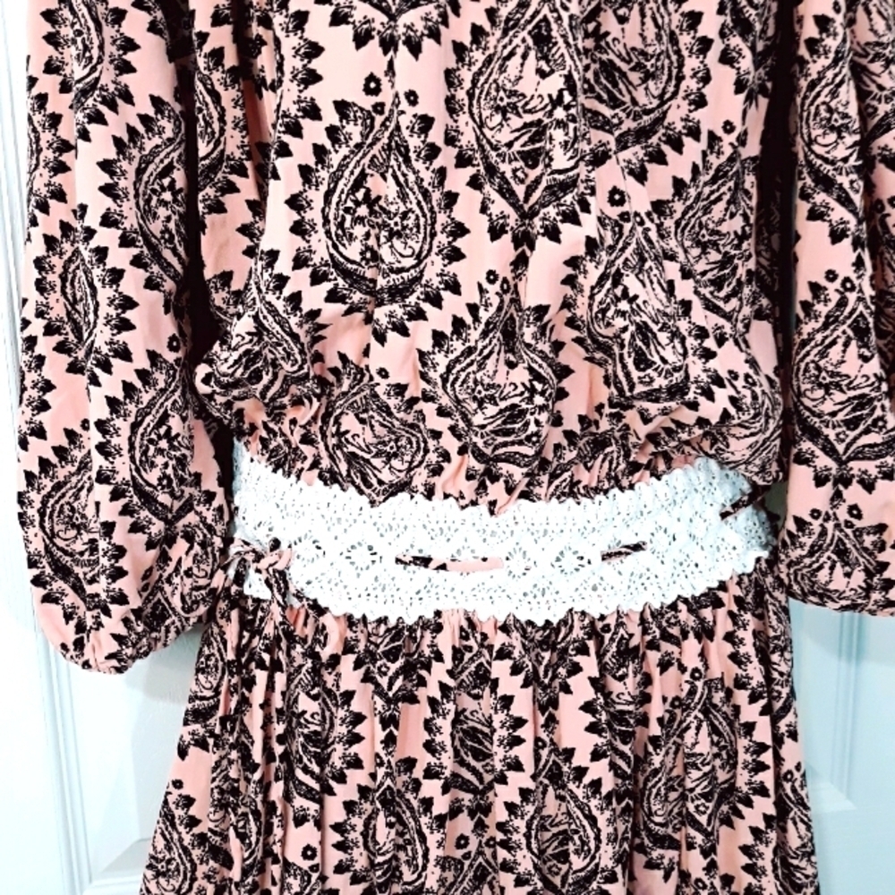 Free People Mini Dress 3/4 Sleeve Off  Shoulder Printed Black Coral Boho Small - Picture 6 of 13